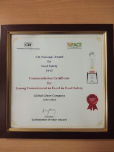 Commendation Certificate for Strong Commitment to Excel in Food Safety 2012